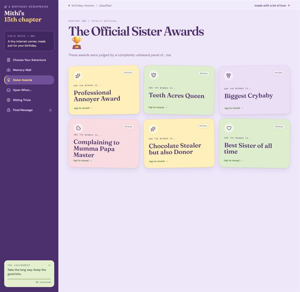 A grid of six pastel award cards, each slightly rotated, on a lilac background.