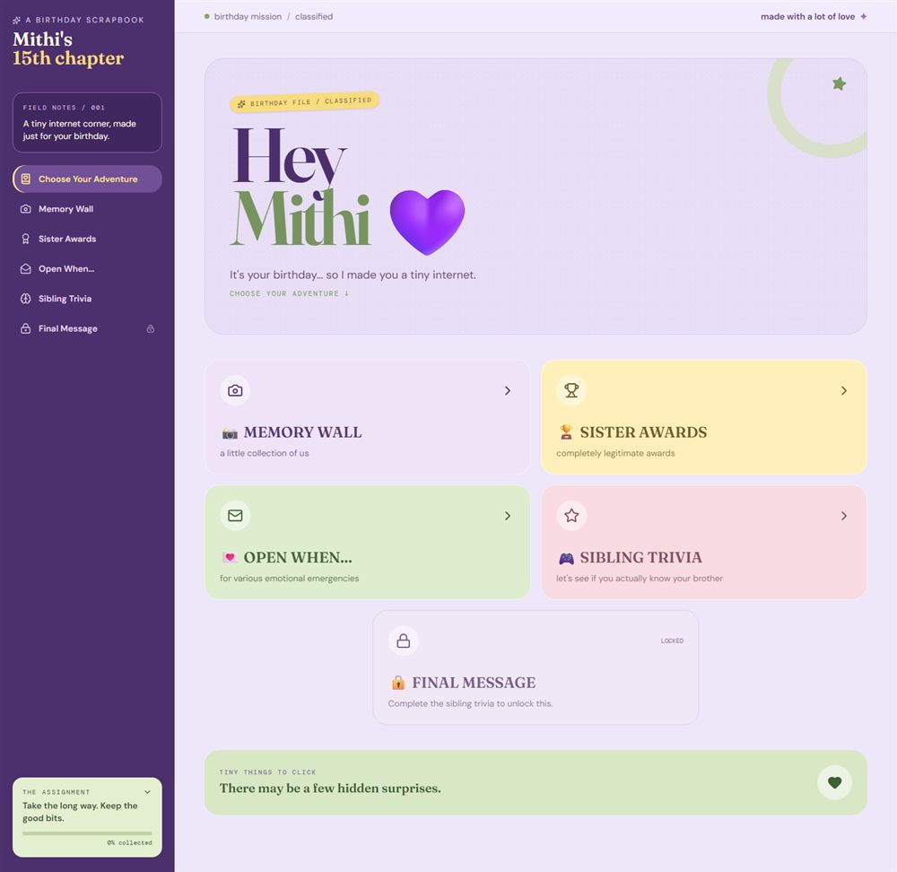 The landing page of the birthday website: a purple sidebar listing five chapters, and a large serif greeting beside a purple heart.
